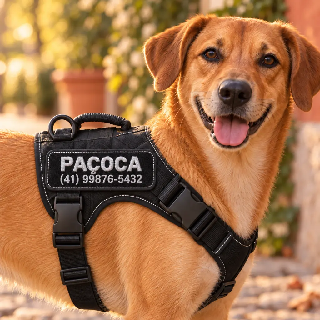 Vira-lata caramelo usando o peitoral preto com o nome Paçoca e um telefone bordados em linha branca na etiqueta da lateral (número de exemplo)